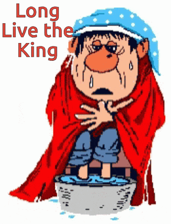 a cartoon of a man wrapped in a red blanket with the words long live the king below him