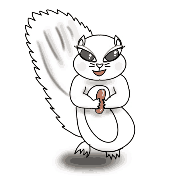 a cartoon drawing of a white squirrel holding a peanut