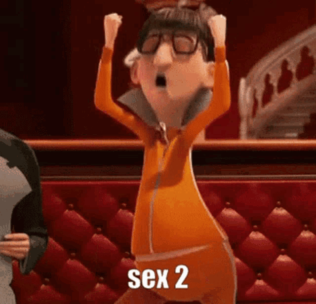 a cartoon character from despicable me is dancing with his hands in the air .