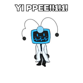 a cartoon character with a tv head and antennas is standing in a lab coat and tie .