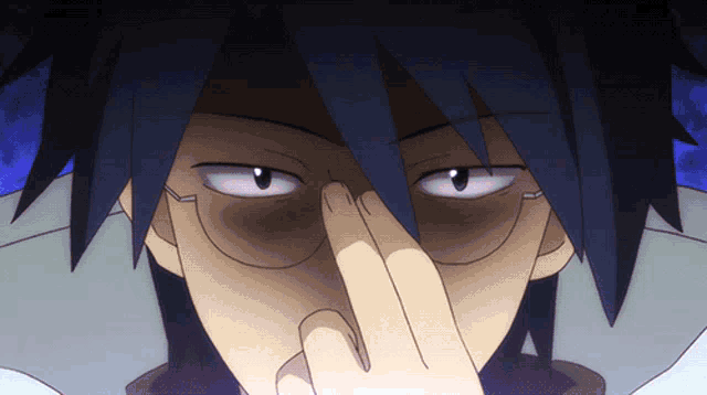 a cartoon character with glasses covering his nose with his finger