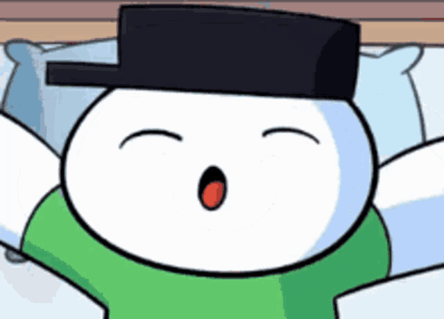 a cartoon character wearing a green shirt and a black hat is yawning