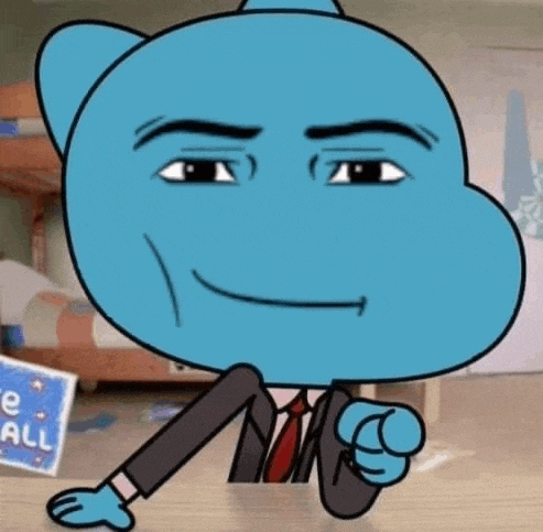 a cartoon character from the amazing world of gumball is wearing a suit and tie and giving a thumbs up .