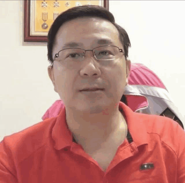 a man wearing glasses and a red shirt is sitting in front of a framed picture .