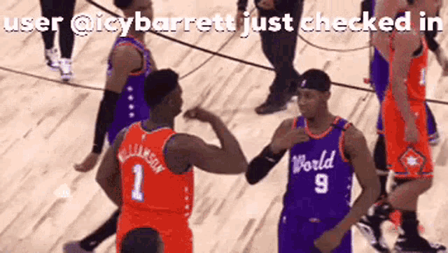 a basketball player wearing a world jersey high fives another player on the court