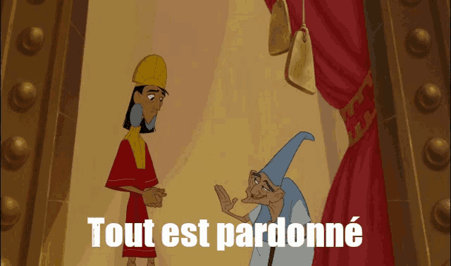 a cartoon scene with the words tout est pardonne on the bottom right