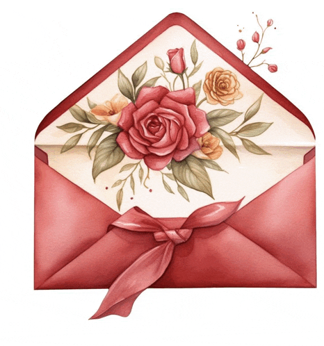 a red envelope with flowers on it and a bow
