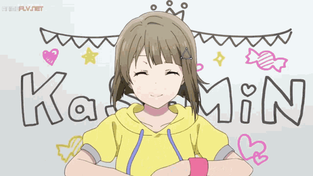 a girl in a yellow hoodie is pointing at herself in front of the word komin