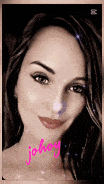 a close up of a woman 's face with the name johny written on it