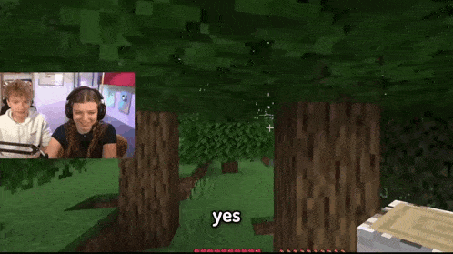 a man and a woman are sitting in front of a microphone in a minecraft game .