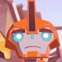 a close up of a cartoon robot with blue eyes and a sad face .