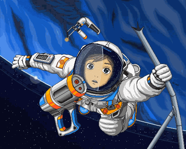 a pixel art drawing of an astronaut with a clock on his chest that says ' 00 ' on it