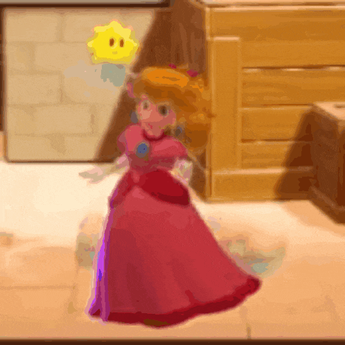 a princess peach in a pink dress is holding a yellow star in her hand