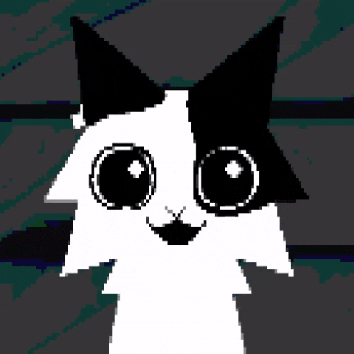 a black and white pixel art of a cat 's face