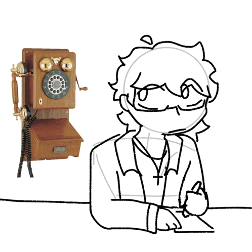 a drawing of a man sitting at a desk next to a telephone