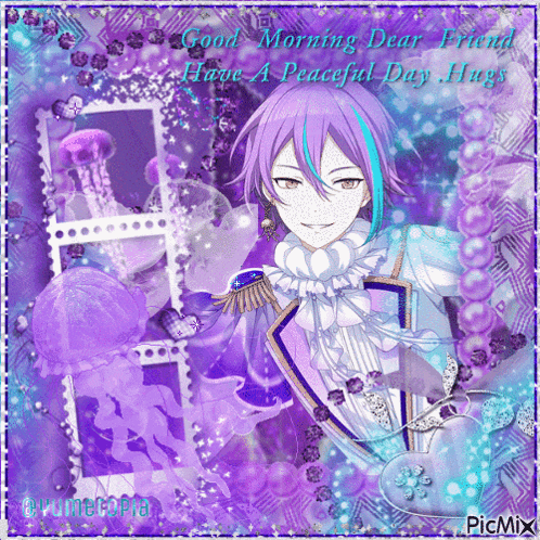 a picture of a boy with purple hair says good morning dear friend