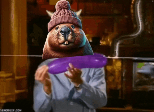 a painting of a beaver wearing a hat and holding a purple object