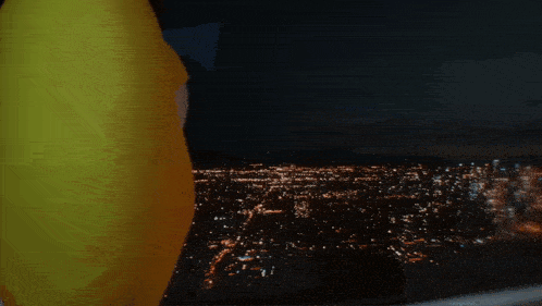 a person in a yellow shirt is looking out a window at night