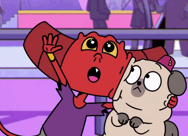 a cartoon drawing of a pug and a red devil