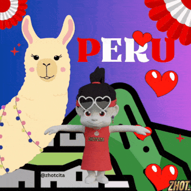 a cartoon of a llama and a girl with the word peru written on it