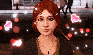 a woman with red hair and freckles wearing a necklace with a spade pendant