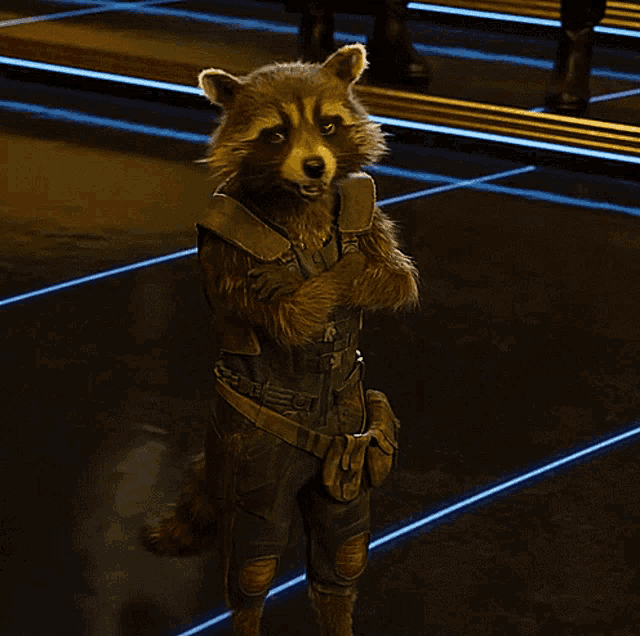 a raccoon is standing with his arms crossed on a tiled floor
