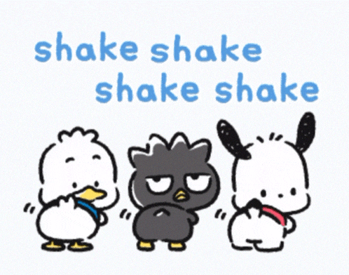 three cartoon characters are standing next to each other and the words shake shake shake shake