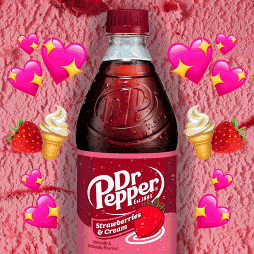 a bottle of dr pepper surrounded by strawberries and ice cream cones