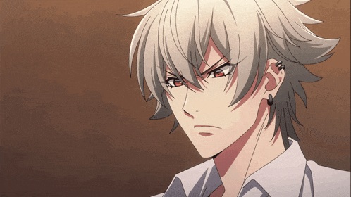a close up of a person 's face with white hair and red eyes