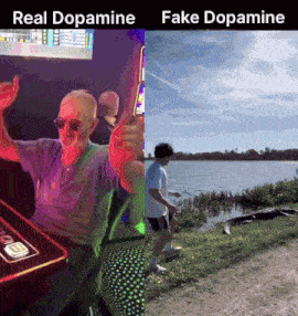 a man playing a slot machine next to a man fishing by a lake