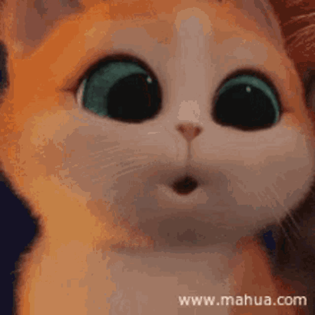 a close up of a cartoon cat with big green eyes and a surprised look on its face .
