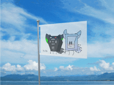 a flag with a picture of a remote control and a box on it is flying in the wind