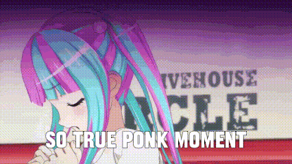 a pixel art of a girl with purple and blue hair and the words `` so true ponk moment ''