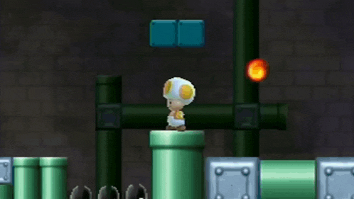 a video game scene with mario and toad standing on pipes