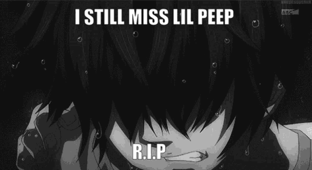 a black and white image of a boy with the caption i still miss lil peep r.i.p