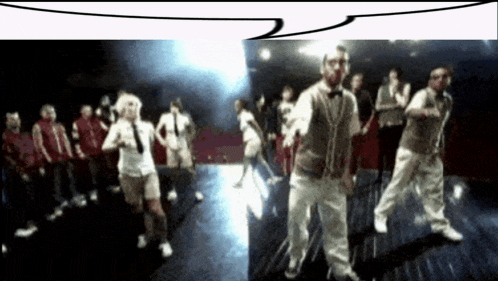 a group of people are dancing on a stage with a speech bubble above them