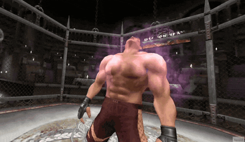 a man in a boxing ring with a sign behind him that says ' dungeon gear '