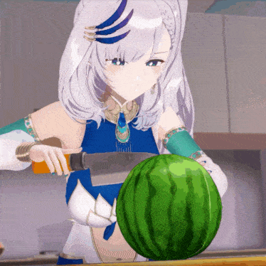 a girl with white hair is cutting a watermelon with a knife