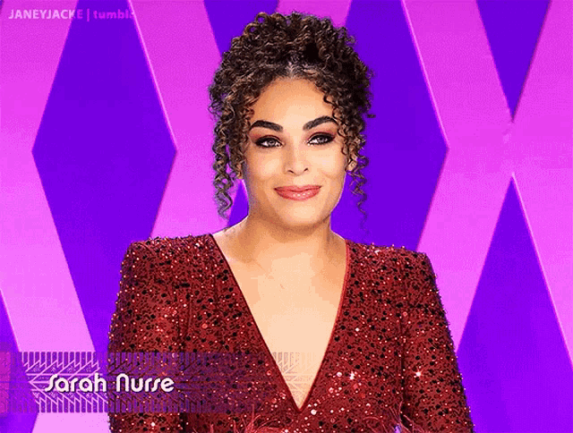 a woman with curly hair is wearing a red sequined dress with the name sarah nurse on the bottom