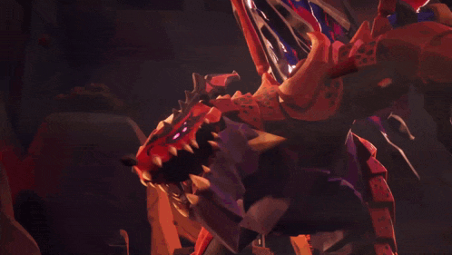 a red and black dragon with purple eyes and a long tail