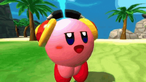a video game character named kirby wearing headphones and a helmet