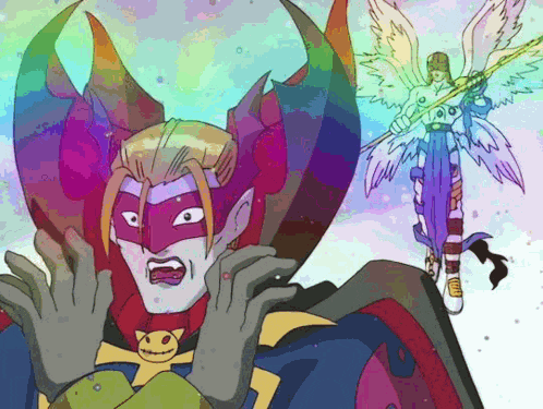 a cartoon drawing of a devil and an angel with a sword