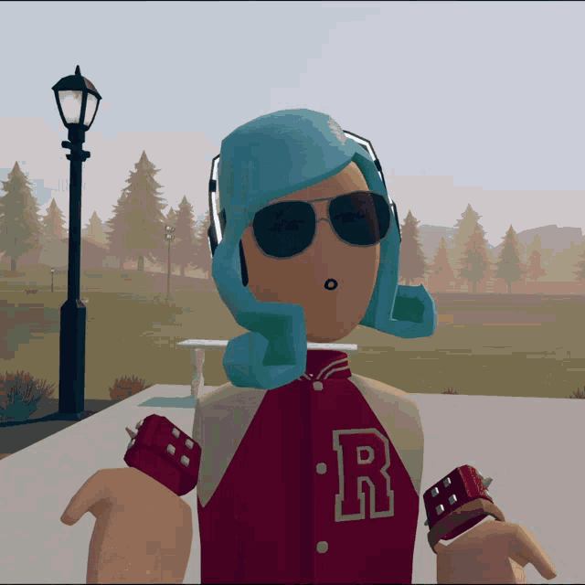 a person wearing a red jacket with the letter r on the front