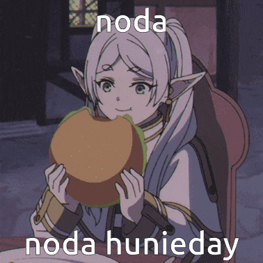 a picture of a girl eating a hamburger with the words noda noda hunieday underneath