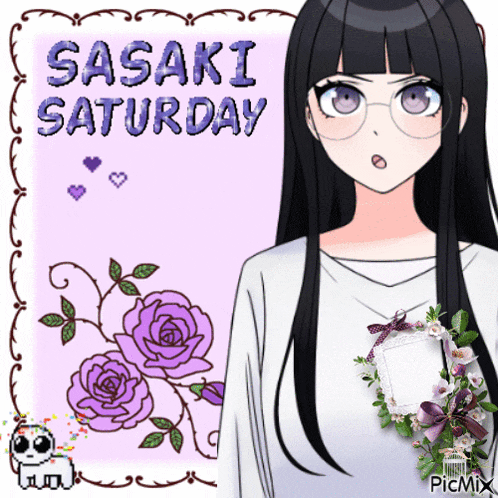 a picture of a girl with the words sasaki saturday written on it