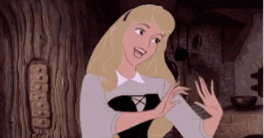 a cartoon of aurora from sleeping beauty is smiling with her hands outstretched