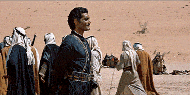 a man in a blue shirt stands in the desert