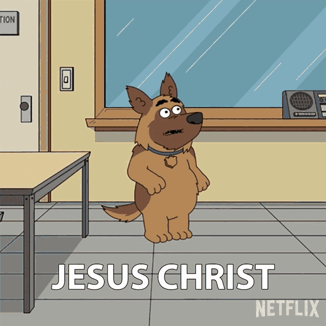 a cartoon dog is standing in front of a window and says jesus christ netflix on the bottom