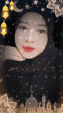 a woman wearing a hijab is surrounded by lanterns and mosques