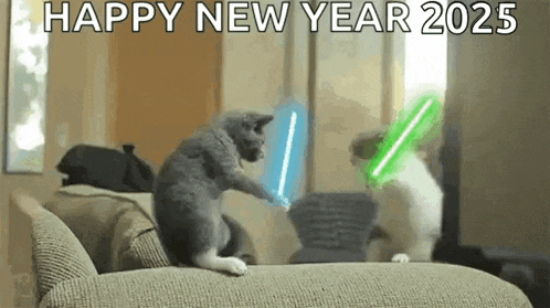 two cats are playing with lightsabers on a couch and the words happy new year 2025 are on the bottom